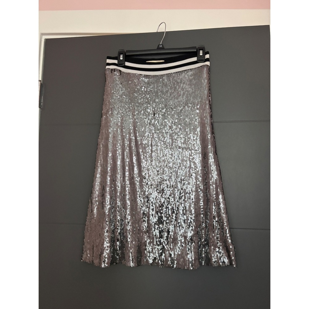 Artelier Nicole Miller Silver Sequin Midi Skirt Striped Waistband Womens Size M